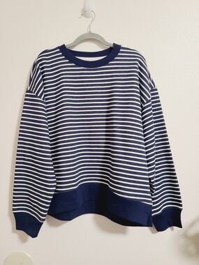 NWT J. Crew Factory Navy Blue and White Striped Crewneck Sweater